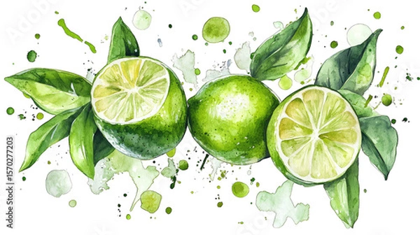 Obraz Watercolor Illustration Of Limes With Green Leaves And Watercolor Splashes Isolated On Transparent Background