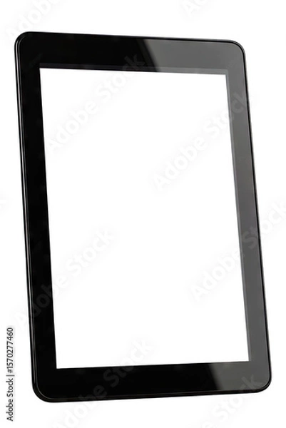 Obraz A Black Tablet Computer With A Blank White Screen Isolated On A Transparent Background The Tablet Is Lying Flat And Is In Focus With A Shallow Depth Of Field The Screen Is Reflecting The Surrounding L