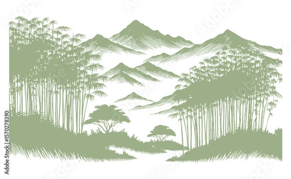 Fototapeta 竹林と山のシルエットイラスト