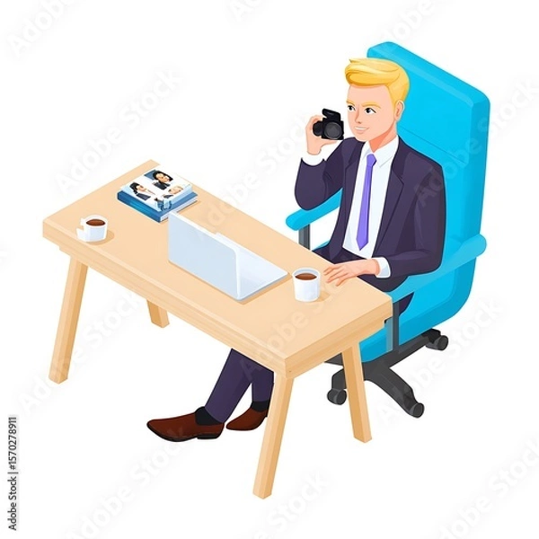 Fototapeta Businessman with camera reviewing images at a desk.