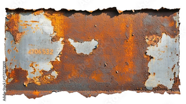 Obraz A Rusty Metal Plate With Chipped Paint Showing The Texture Of Rust And Wear The Plate Has A Number '4706532' Printed On It The Edges Of The Plate Are Torn And Ragged Giving A Distressed Look