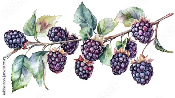 Obraz A Watercolor Painting Of A Blackberry Branch With Ripe Blackberries And Green Leaves The Berries Are Clustered Together On The Branch And Have A Glossy Dark Purple Appearance The Leaves Are A Vibrant