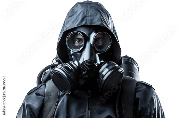 Obraz A Man In A Gas Mask And Hooded Jacket Stares Intensely At The Camera The Man's Face Is Obscured By The Mask Which Is Black And Has Two Large Circular Filters On The Sides The Jacket Is Black And Has A