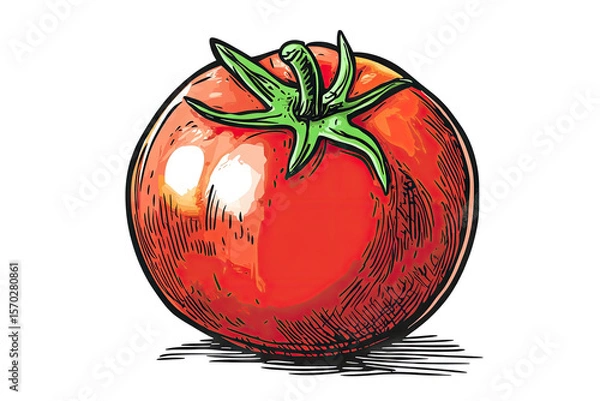 Obraz A Hand-drawn Illustration Of A Single Ripe Tomato With A Green Stem And Leaves Isolated On A Transparent Background