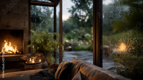 Fototapeta Cozy Cabin Retreat: Rain patters gently against the glass doors of a cozy cabin, while a warm fire crackles invitingly in the fireplace. The tranquil scene offers a perfect escape from the cold.