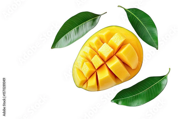 Obraz A Half Mango Cut Into Squares Surrounded By Four Green Leaves Against A Transparent Background