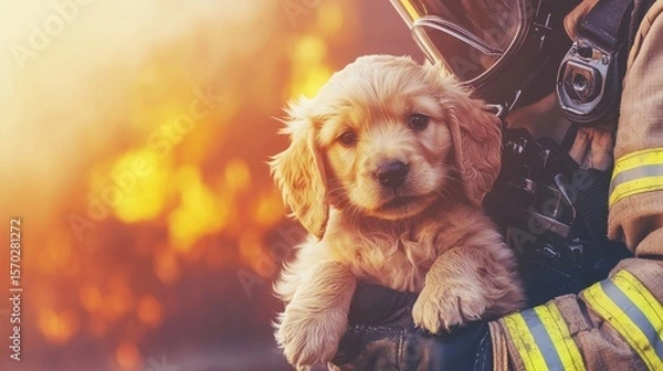 Fototapeta Adorable golden retriever puppy being held by firefighter in uniform du sunset outdoor scene Displaying warm colors and rescue gear