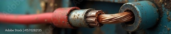 Fototapeta Damaged Electrical Wiring Close-up of Frayed Wires and Exposed Copper, Highlighting Home Safety Hazards and the Need for Regular Electrical Inspections
