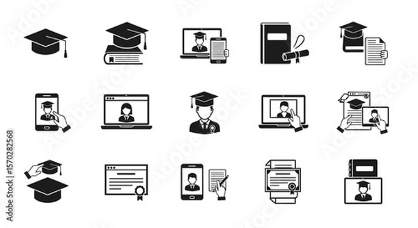 Fototapeta Online Education and Graduation Vector Icon Set