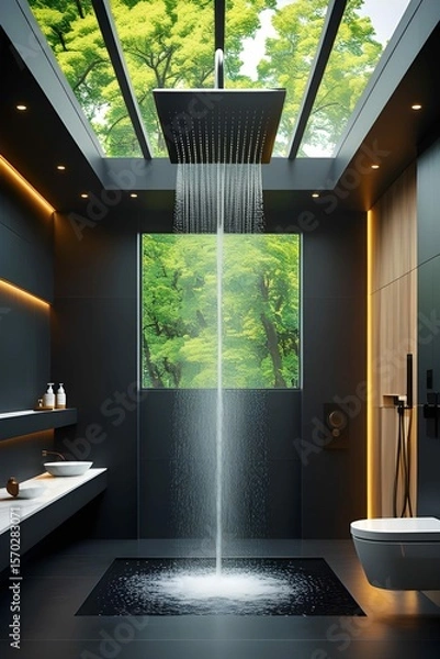 Fototapeta AI Generative. Modern Dark Shower with Overhead and Handheld Fixtures and Nature View. 7