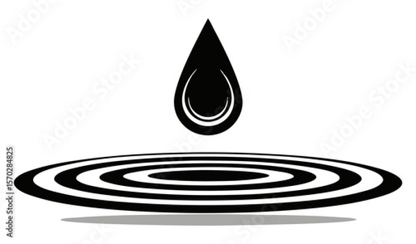 Fototapeta A black silhouette of a single teardrop-shaped drop suspended above concentric ripples, symbolizing impact, purity, or liquid.