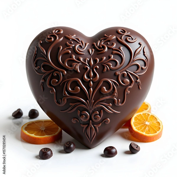 Fototapeta Chocolate heart with elegant design surrounded by citrus fruit  on white background