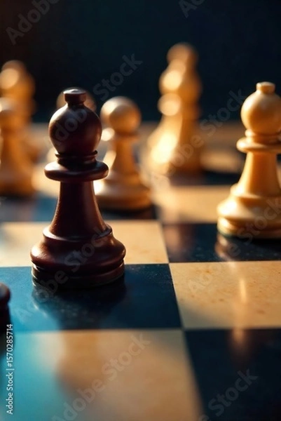 Fototapeta Strategic Chess Match Close-Up of a Tense Mid-Game, Highlighting Piece Placement and Potential Attacks