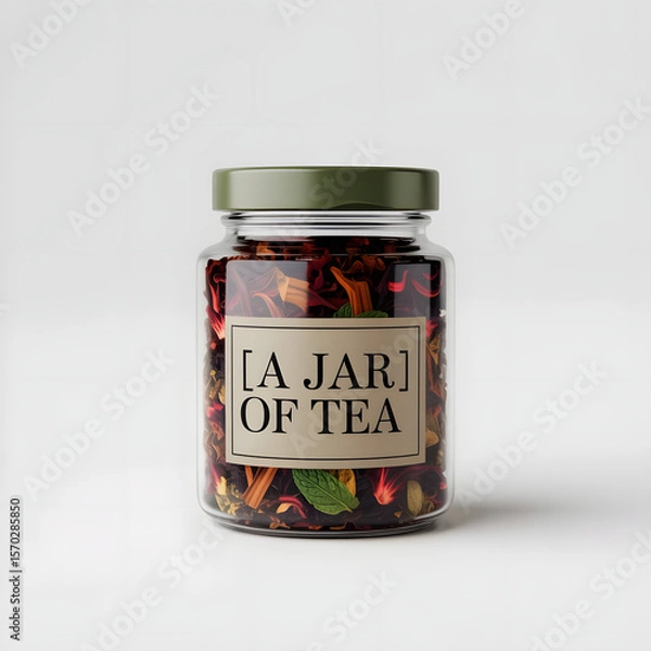 Fototapeta A jar of tea with aromatic herbs and spices on a white background, copy space
