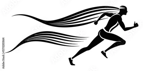 Fototapeta 
A dynamic silhouette of a running figure with stylized, flowing hair and speed lines, conveying motion, athleticism, and rapid progress.