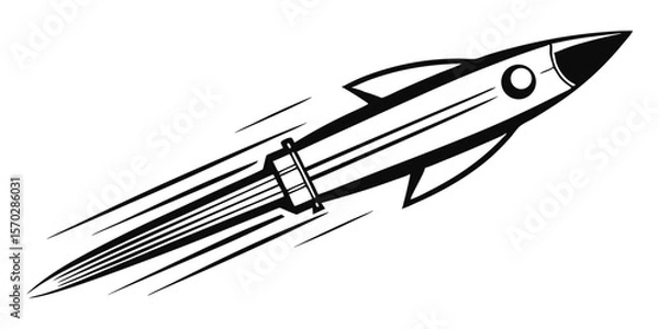 Fototapeta 
A dynamic, black and white illustration of a rocket soaring upwards with speed lines, symbolizing progress, launch, or rapid growth.
