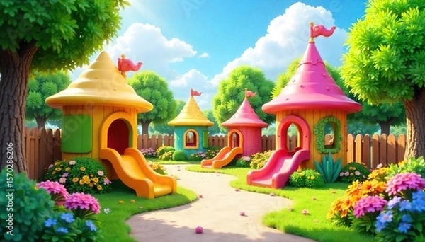 Fototapeta Joyful Family Fun at a Whimsical Outdoor Play Park Colorful Structures, Vibrant Landscaping, and Giggles Abound