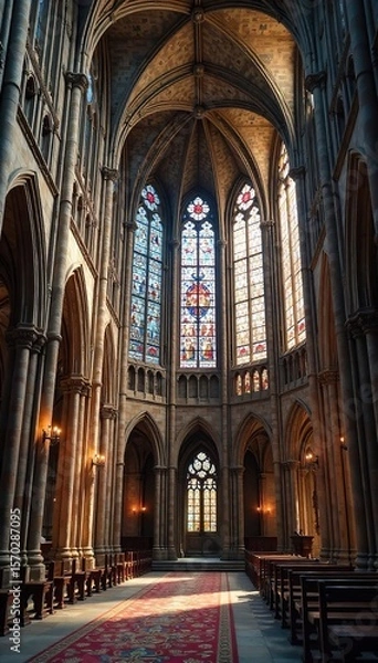 Fototapeta Majestic Gothic Cathedral in England Soaring Arches, Intricate Stonework, and Stained Glass Windows