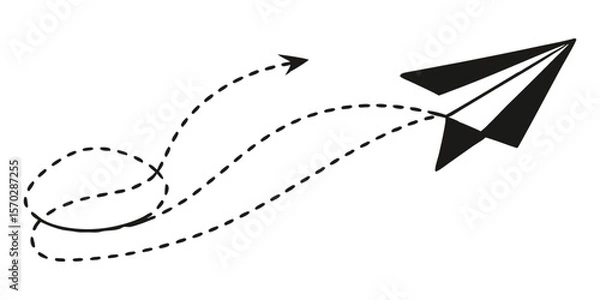 Fototapeta A black paper airplane soars with a dotted line indicating its looping flight path, symbolizing travel, communication, or a creative journey.