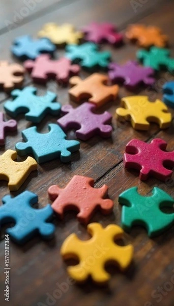 Fototapeta Intriguing Colorful Jigsaw Puzzle Pieces Scattered on Wooden Table, Close-Up View of Incomplete Puzzle, Mystery and Incompleteness Concept