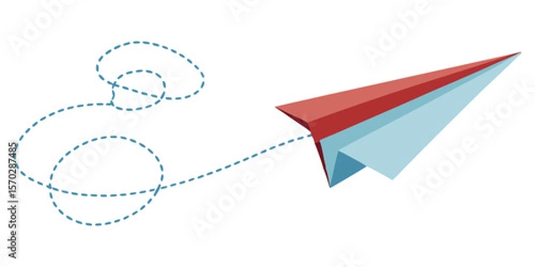 Fototapeta A red and blue paper airplane flies with a dotted line indicating its looping flight path, symbolizing travel, communication, or a creative journey.