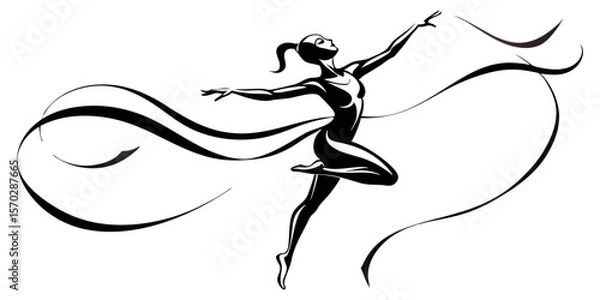 Fototapeta A graceful silhouette of a rhythmic gymnast in mid-performance, with long, flowing ribbons swirling elegantly around her, capturing motion and artistry.