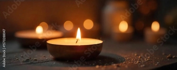 Fototapeta Warm Candlelight Glow Close-up of a Burning Candle Creating a Relaxing and Romantic Atmosphere