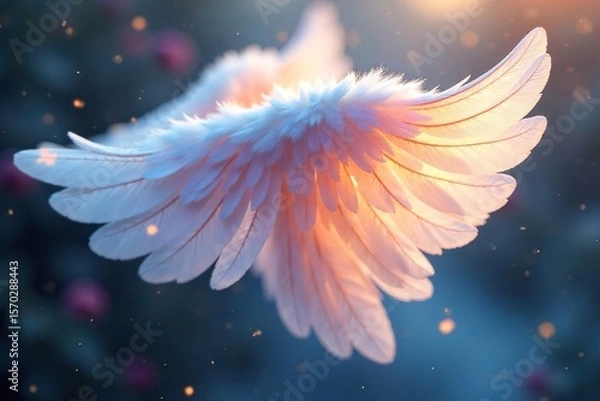 Fototapeta Delicate Translucent Angel Wings Softly Illuminated Feathers, Ethereal and Graceful, Perfect for Fantasy, Spiritual, or Religious Designs and Art Backgrounds.