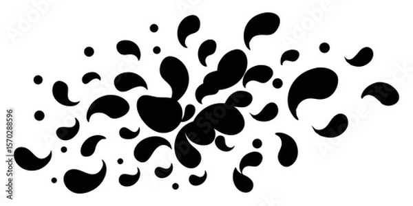 Fototapeta A dynamic cluster of abstract black liquid drops and splatters, varying in size and shape, creating a sense of movement and dispersion.