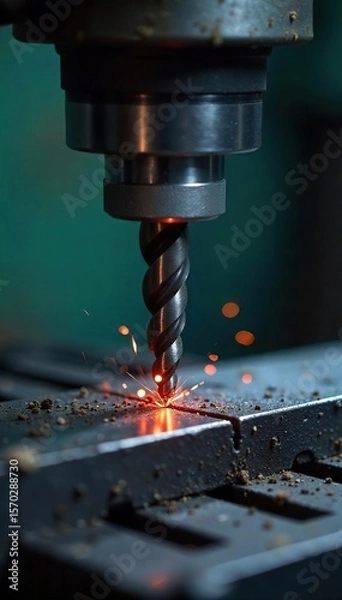 Fototapeta Powerful Industrial Drill Bit Securely Gripping Metal Workpiece During Precise Machining Operation - Close-up Shot Emphasizing Strength and Precision