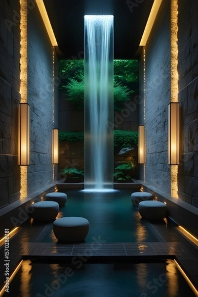 Fototapeta AI, generative. Modern Spa Interior with Cascading Indoor Waterfall and Reflective Pool. 1