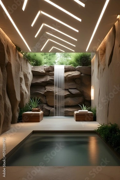 Fototapeta AI, generative. Modern Spa Interior with Cascading Indoor Waterfall and Reflective Pool. 3