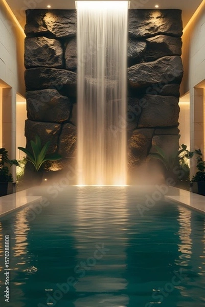 Fototapeta AI, generative. Modern Spa Interior with Cascading Indoor Waterfall and Reflective Pool. 4