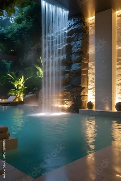 Fototapeta AI, generative. Modern Spa Interior with Cascading Indoor Waterfall and Reflective Pool. 9