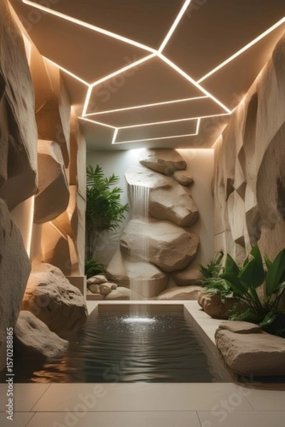 Fototapeta AI, generative. Modern Spa Interior with Cascading Indoor Waterfall and Reflective Pool. 12