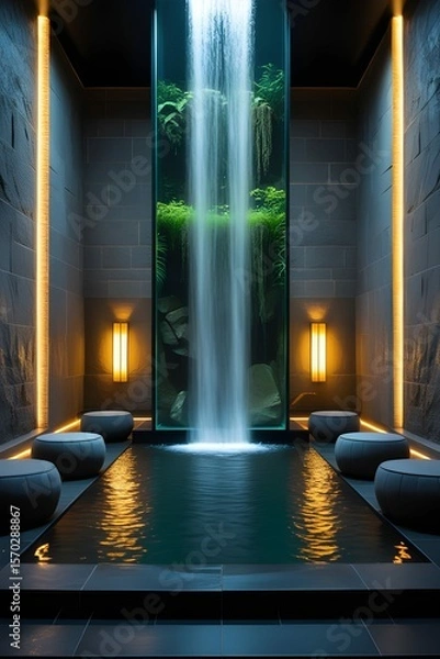 Fototapeta AI, generative. Modern Spa Interior with Cascading Indoor Waterfall and Reflective Pool. 11