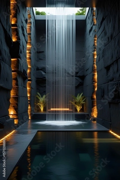 Fototapeta AI, generative. Modern Spa Interior with Cascading Indoor Waterfall and Reflective Pool. 15