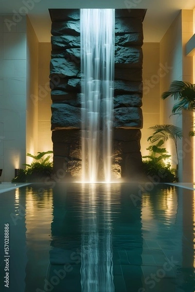 Fototapeta AI, generative. Modern Spa Interior with Cascading Indoor Waterfall and Reflective Pool. 13