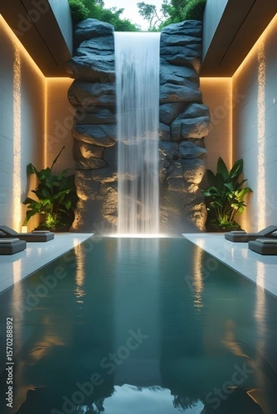 Fototapeta AI, generative. Modern Spa Interior with Cascading Indoor Waterfall and Reflective Pool. 14