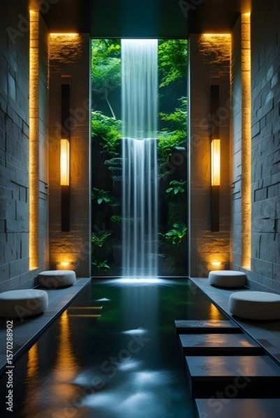 Fototapeta AI, generative. Modern Spa Interior with Cascading Indoor Waterfall and Reflective Pool. 16