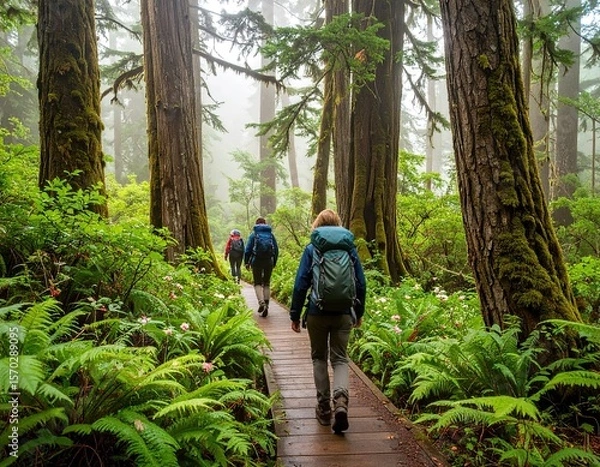 Fototapeta Hikers on a wooden boardwalk through a lush forest