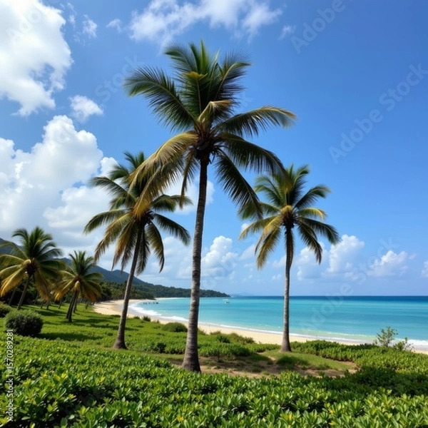 Fototapeta the image shows a tropical beach scene with several palms. the trees rise from a lush green landscape toward a brilliant blue sky scattered with puffy clouds