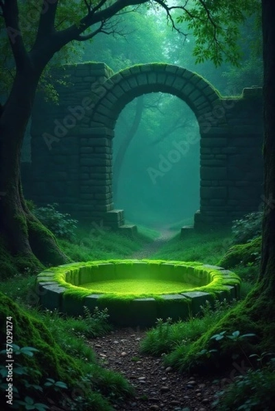 Fototapeta Ethereal Glow Ancient Moss-Covered Stone Circle in a Mystical Landscape, Perfect for Fantasy and Occult Projects