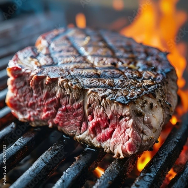 Fototapeta an AI Image Generator, Close-Up of Juicy Grilled Steak on Fire