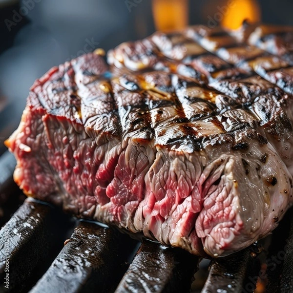 Fototapeta an AI Image Generator, Close-Up of Juicy Grilled Steak on Fire
