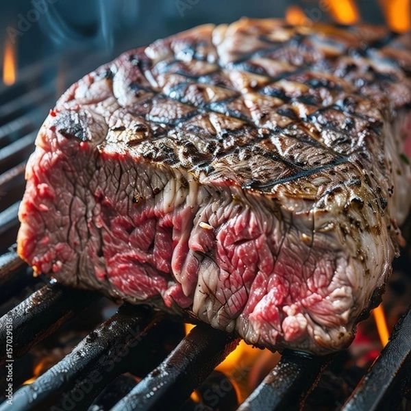 Fototapeta an AI Image Generator, Close-Up of Juicy Grilled Steak on Fire