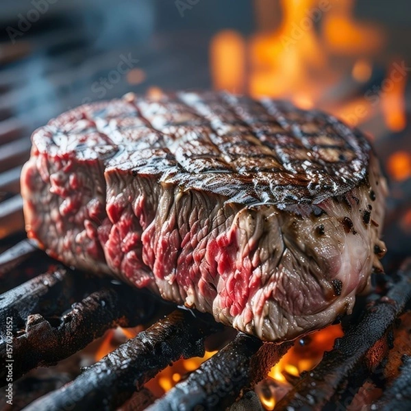 Fototapeta an AI Image Generator, Close-Up of Juicy Grilled Steak on Fire