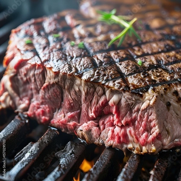 Fototapeta an AI Image Generator, Close-Up of Juicy Grilled Steak on Fire