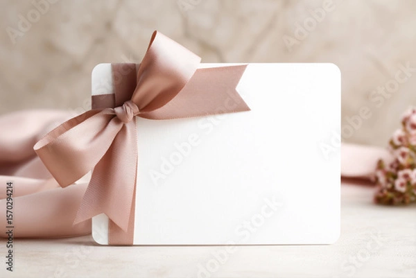 Fototapeta Blank mock up white card with a satin pink ribbon bow, perfect for wedding invitations, birthday greetings, or special event announcements