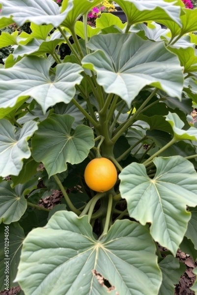 Obraz the photo shows a dense bush with large, wavy, green leaves.  in the center of the image, tucked among the branches, is a round, golden yellow fruit